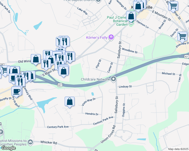 map of restaurants, bars, coffee shops, grocery stores, and more near 616 Woodlake Park Drive in Kernersville