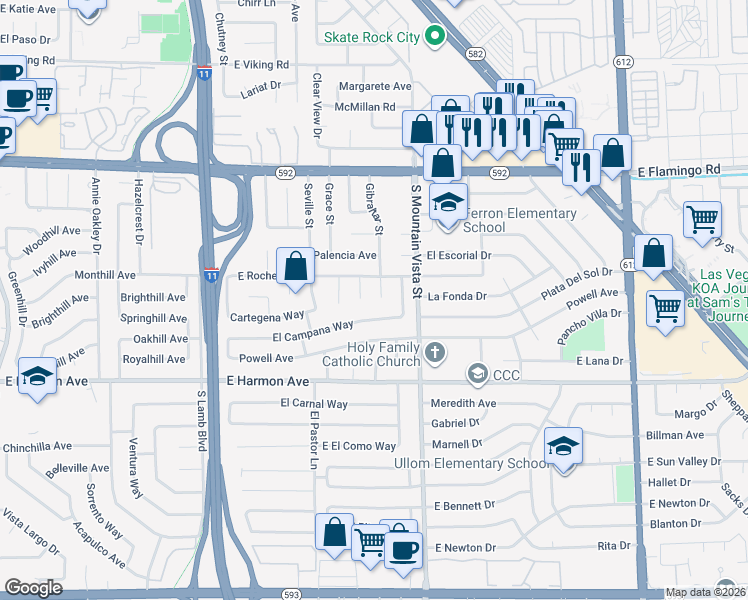 map of restaurants, bars, coffee shops, grocery stores, and more near 4319 Gibraltar Way in Las Vegas