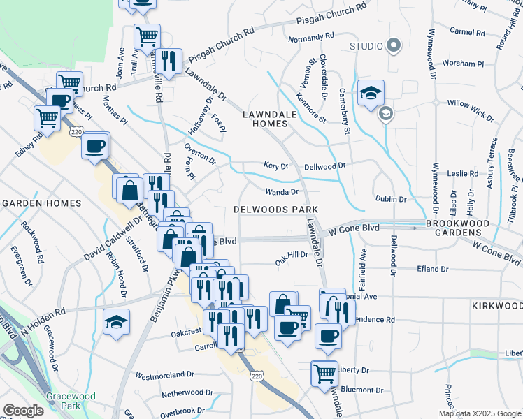 map of restaurants, bars, coffee shops, grocery stores, and more near 2216 Lane Road in Greensboro