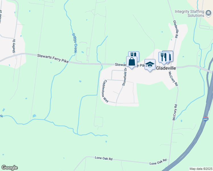 map of restaurants, bars, coffee shops, grocery stores, and more near 413 Cobblestone Way in Mt. Juliet