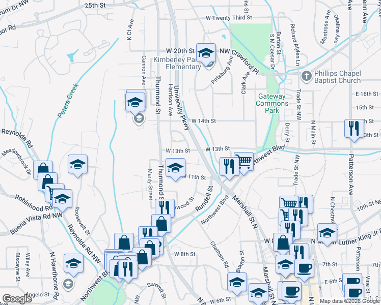 map of restaurants, bars, coffee shops, grocery stores, and more near 1110 Knox Street in Winston-Salem