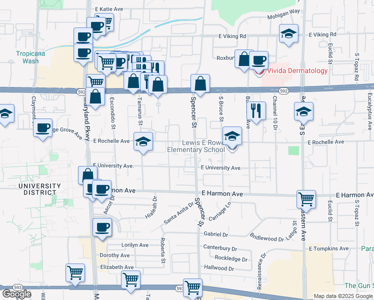 map of restaurants, bars, coffee shops, grocery stores, and more near 4255 Spencer Street in Las Vegas
