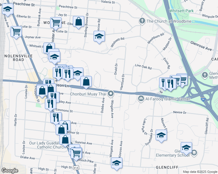 map of restaurants, bars, coffee shops, grocery stores, and more near 2815 Druid Drive in Nashville