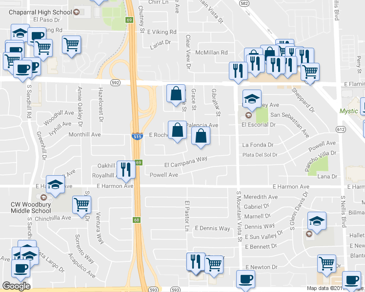map of restaurants, bars, coffee shops, grocery stores, and more near 4341 Seville Street in Las Vegas