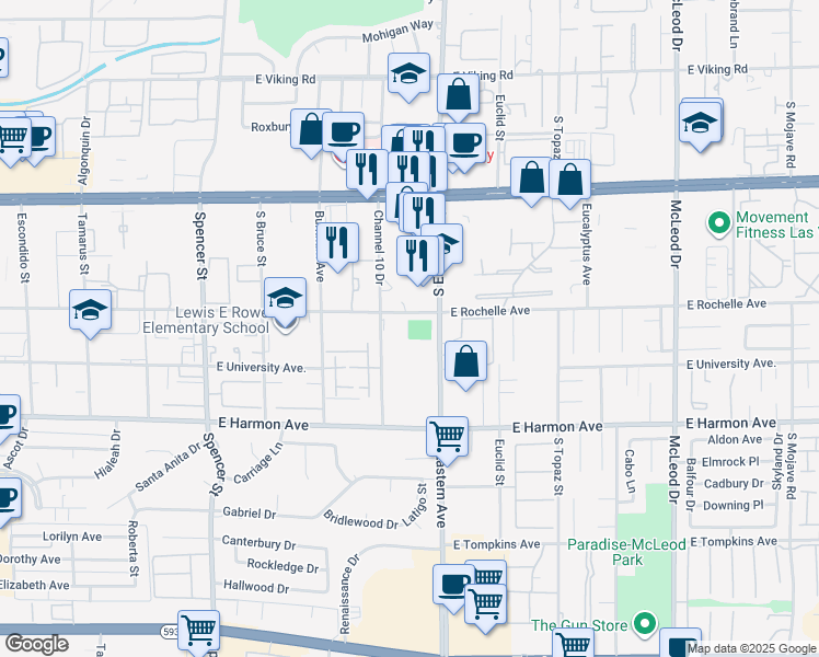 map of restaurants, bars, coffee shops, grocery stores, and more near 4330 Channel 10 Drive in Las Vegas