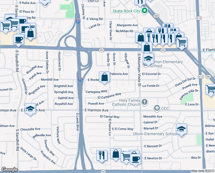 map of restaurants, bars, coffee shops, grocery stores, and more near 4341 Seville Street in Las Vegas