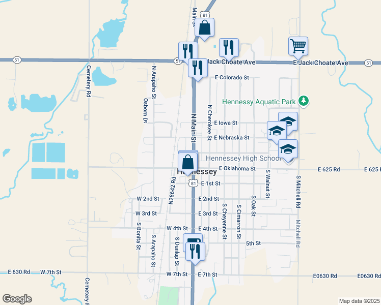 map of restaurants, bars, coffee shops, grocery stores, and more near 121 West Kansas Street in Hennessey