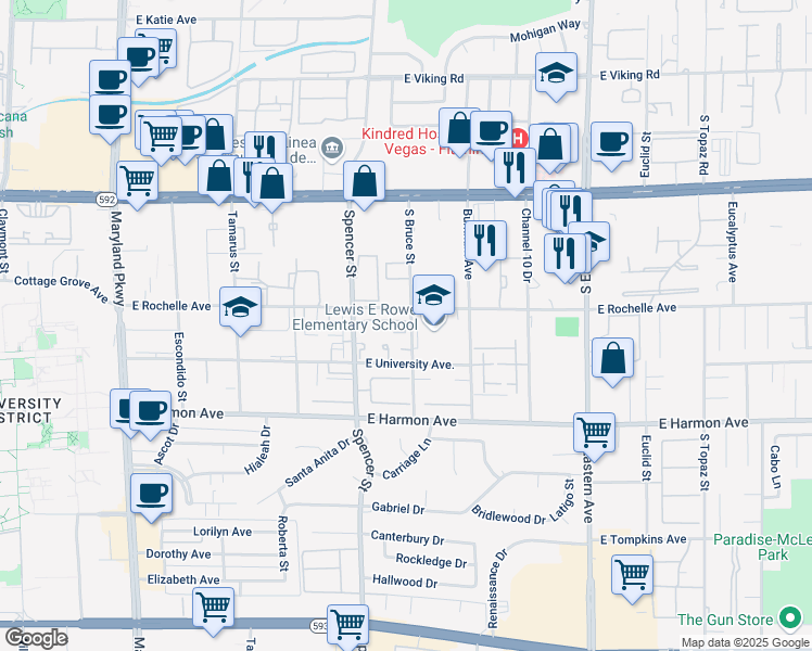 map of restaurants, bars, coffee shops, grocery stores, and more near 1880 East Rochelle Avenue in Las Vegas