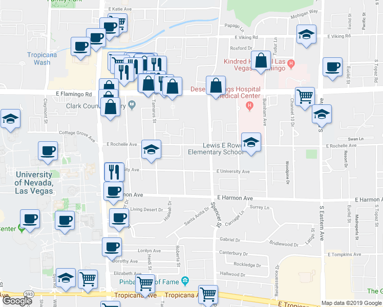 map of restaurants, bars, coffee shops, grocery stores, and more near 4255 Spencer Street in Las Vegas