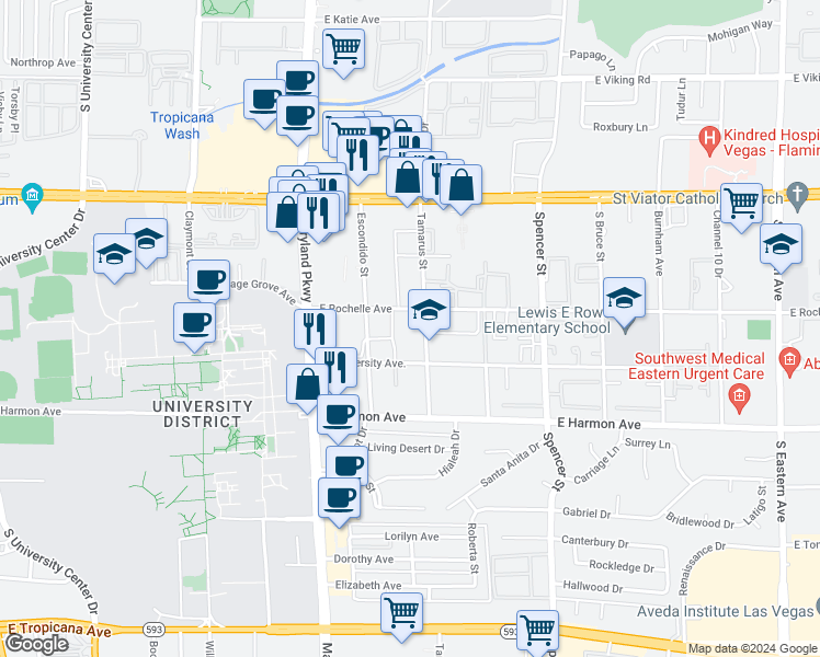map of restaurants, bars, coffee shops, grocery stores, and more near 1455 East Rochelle Avenue in Las Vegas