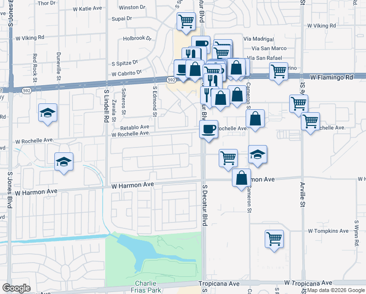 map of restaurants, bars, coffee shops, grocery stores, and more near 5044 River Glen Drive in Las Vegas