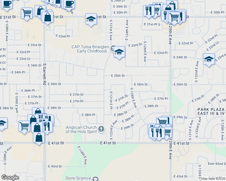 map of restaurants, bars, coffee shops, grocery stores, and more near 12120 East 36th Street in Tulsa