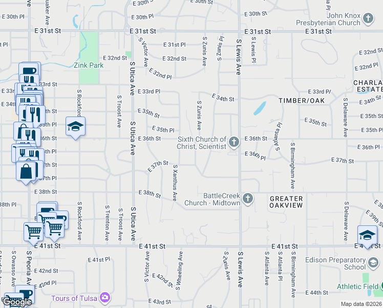 map of restaurants, bars, coffee shops, grocery stores, and more near 3603 South Yorktown Avenue in Tulsa