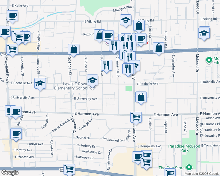 map of restaurants, bars, coffee shops, grocery stores, and more near 2165 East Rochelle Avenue in Las Vegas