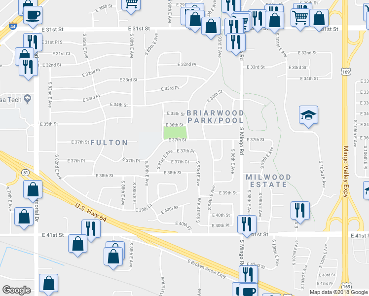 map of restaurants, bars, coffee shops, grocery stores, and more near 9217 East 37th Place in Tulsa