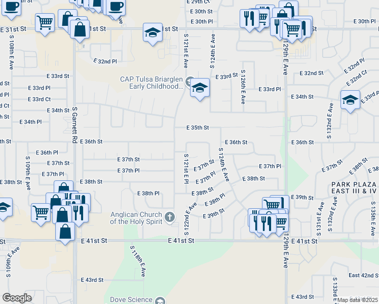 map of restaurants, bars, coffee shops, grocery stores, and more near 12120 East 36th Street in Tulsa