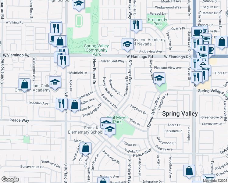 map of restaurants, bars, coffee shops, grocery stores, and more near 4385 Newhaven Drive in Las Vegas