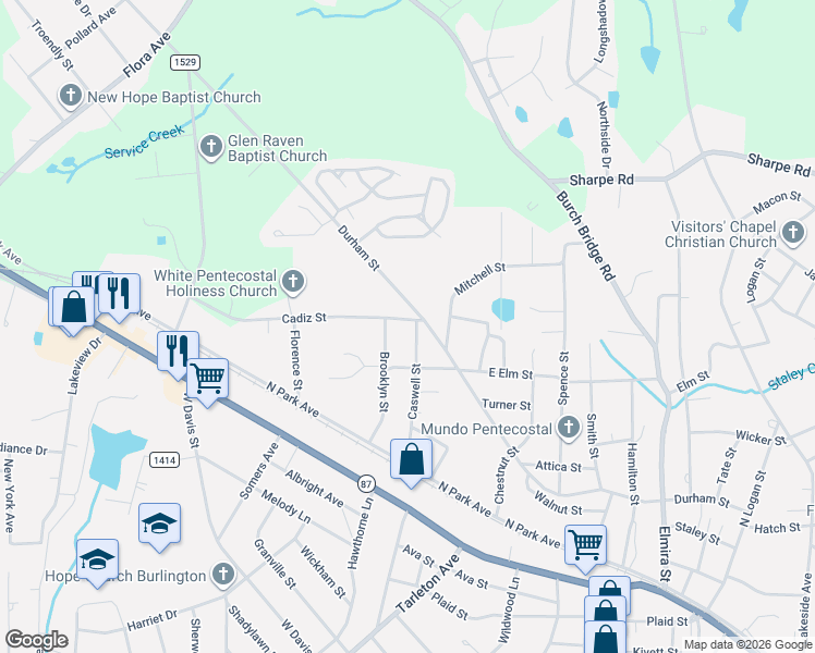 map of restaurants, bars, coffee shops, grocery stores, and more near 1531 Cadiz Street in Burlington