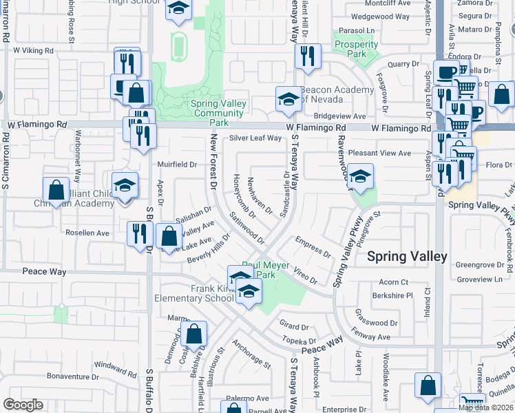 map of restaurants, bars, coffee shops, grocery stores, and more near 4385 Newhaven Drive in Las Vegas