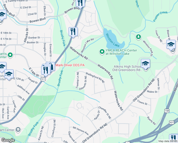 map of restaurants, bars, coffee shops, grocery stores, and more near 2701 Wallingford Road Northeast in Winston-Salem