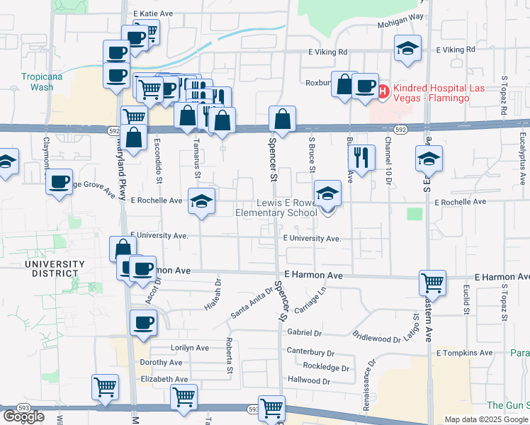 map of restaurants, bars, coffee shops, grocery stores, and more near 4339 Spencer Street in Las Vegas