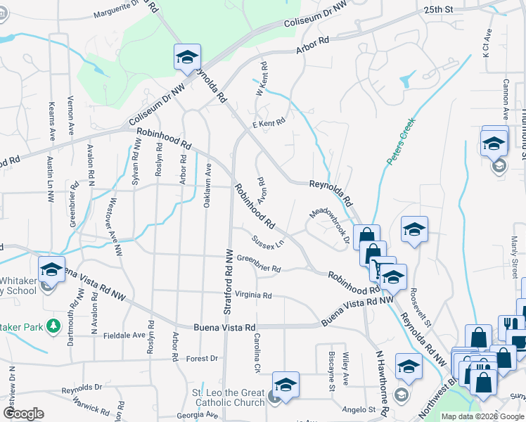 map of restaurants, bars, coffee shops, grocery stores, and more near 921 Avon Road in Winston-Salem