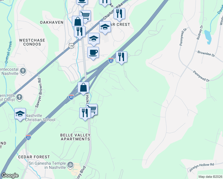 map of restaurants, bars, coffee shops, grocery stores, and more near 255 Stonecrest Drive in Nashville