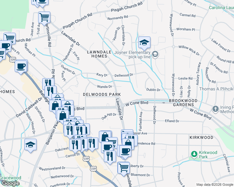 map of restaurants, bars, coffee shops, grocery stores, and more near 3204 Lawndale Drive in Greensboro