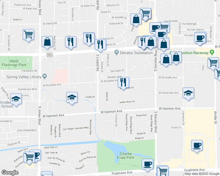 map of restaurants, bars, coffee shops, grocery stores, and more near 5314 River Glen Drive in Las Vegas