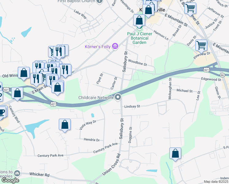 map of restaurants, bars, coffee shops, grocery stores, and more near 302 Hillcrest Street in Kernersville