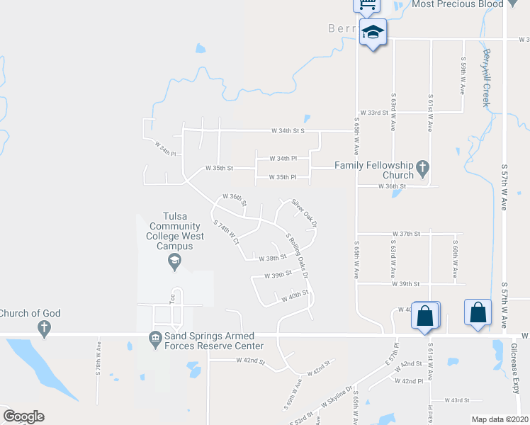 map of restaurants, bars, coffee shops, grocery stores, and more near 3723 South 69th West Court in Tulsa