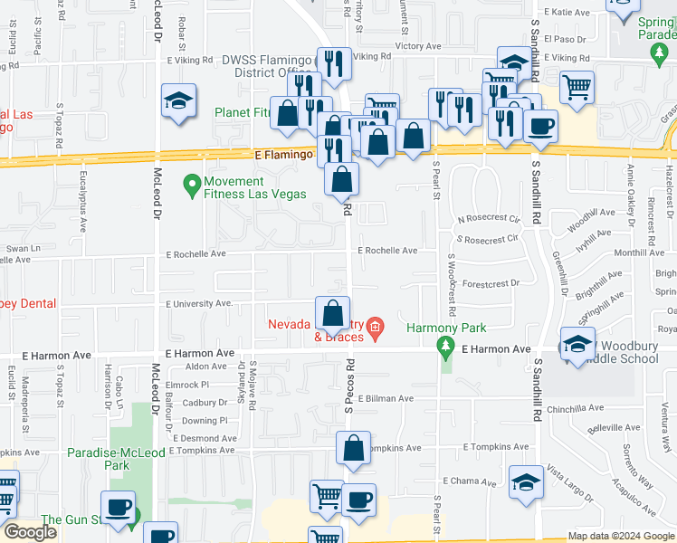 map of restaurants, bars, coffee shops, grocery stores, and more near 4375 South Pecos Road in Las Vegas