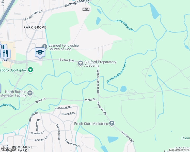 map of restaurants, bars, coffee shops, grocery stores, and more near 2301 White Elder Road in Greensboro