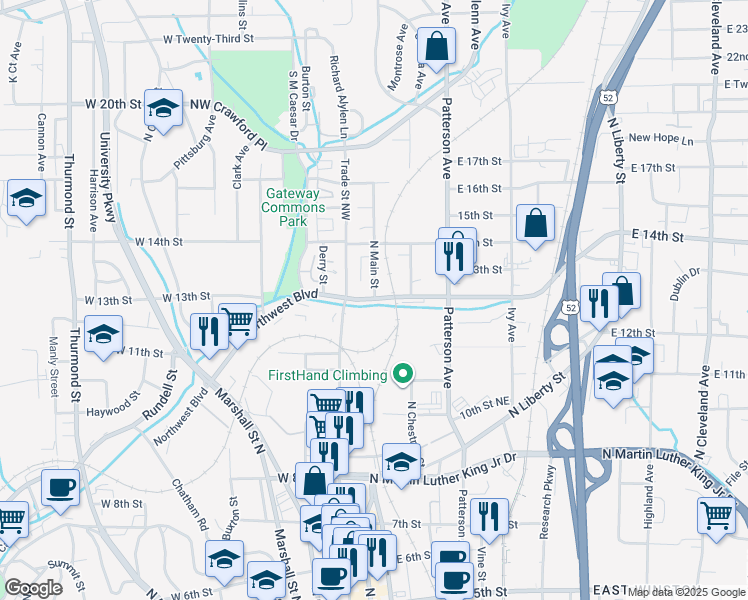 map of restaurants, bars, coffee shops, grocery stores, and more near 90 West Northwest Boulevard in Winston-Salem
