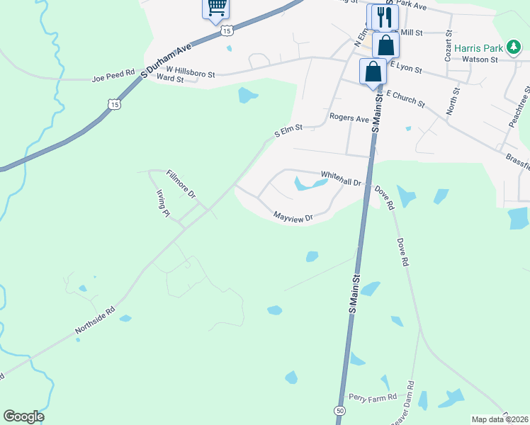 map of restaurants, bars, coffee shops, grocery stores, and more near 459 Mayview Drive in Creedmoor