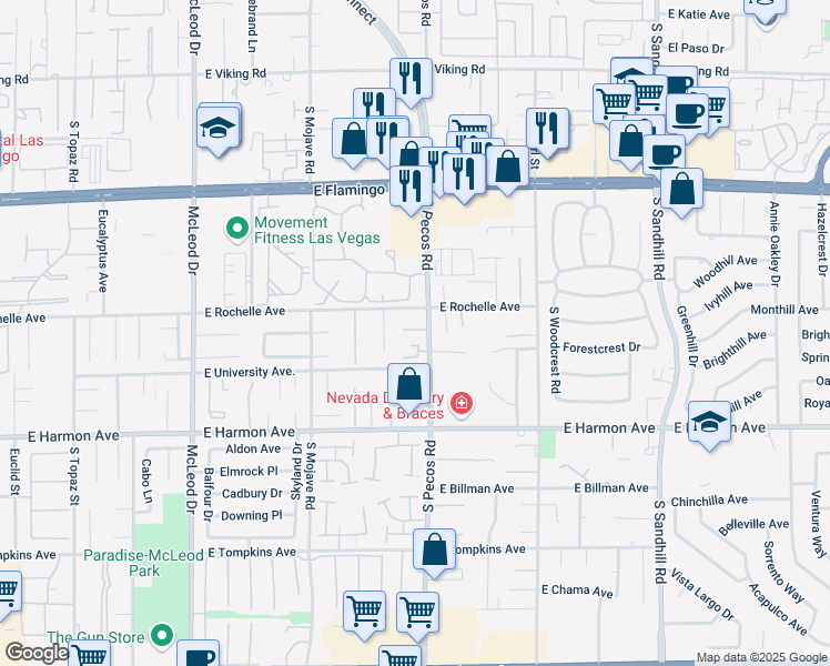 map of restaurants, bars, coffee shops, grocery stores, and more near 4375 South Pecos Road in Las Vegas