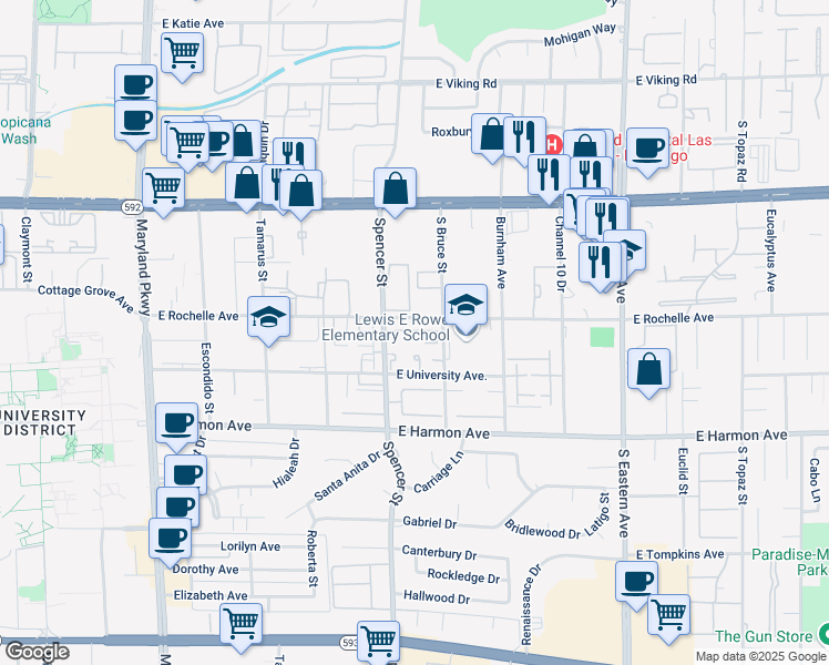 map of restaurants, bars, coffee shops, grocery stores, and more near 1880 East Rochelle Avenue in Las Vegas