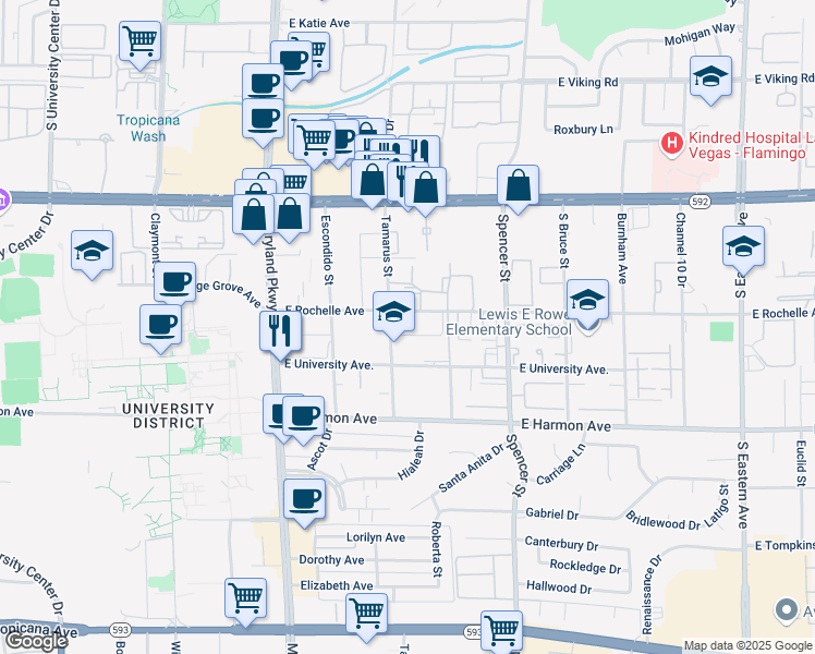 map of restaurants, bars, coffee shops, grocery stores, and more near 1555 East Rochelle Avenue in Las Vegas