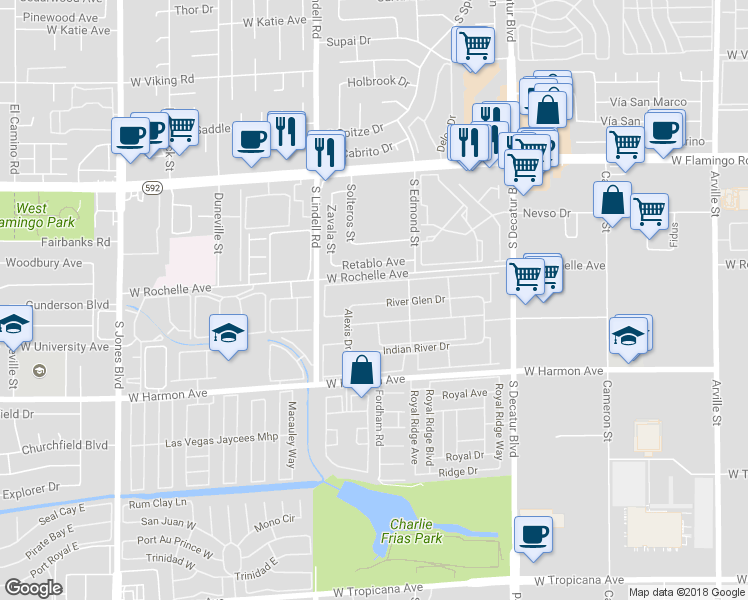 map of restaurants, bars, coffee shops, grocery stores, and more near 5242 River Glen Drive in Las Vegas