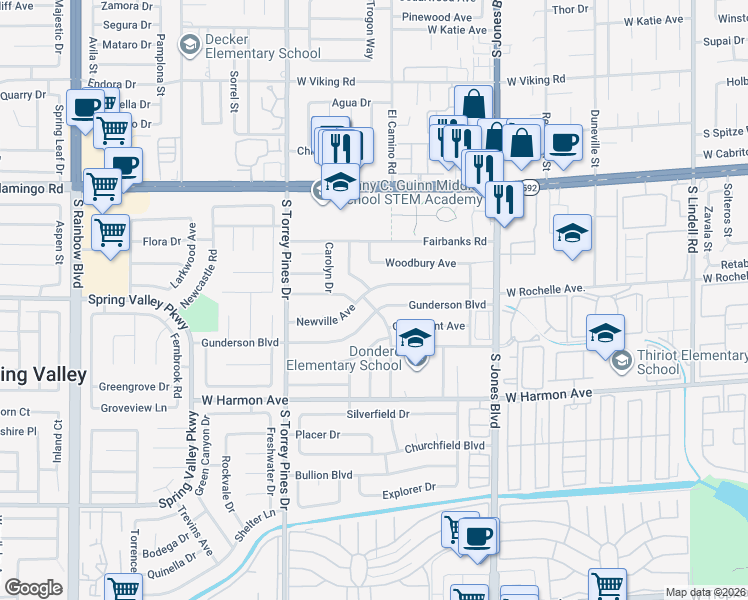 map of restaurants, bars, coffee shops, grocery stores, and more near 6345 Newville Avenue in Las Vegas