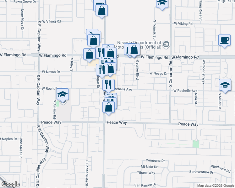 map of restaurants, bars, coffee shops, grocery stores, and more near 8545 West Rochelle Avenue in Las Vegas