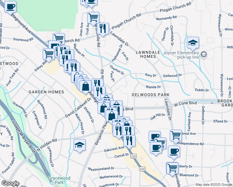 map of restaurants, bars, coffee shops, grocery stores, and more near 2511 Patriot Way in Greensboro