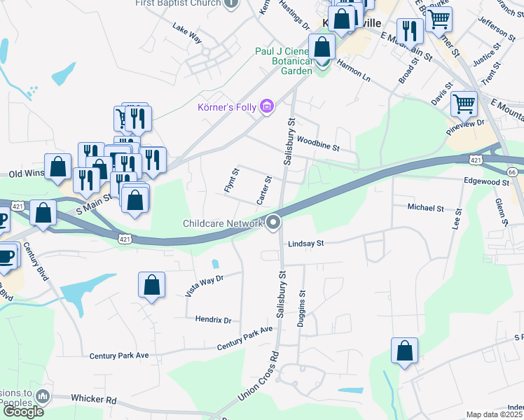 map of restaurants, bars, coffee shops, grocery stores, and more near 300 Hillcrest Street in Kernersville