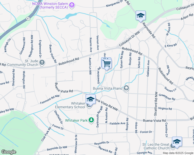 map of restaurants, bars, coffee shops, grocery stores, and more near 2628 Greenbrier Road in Winston-Salem