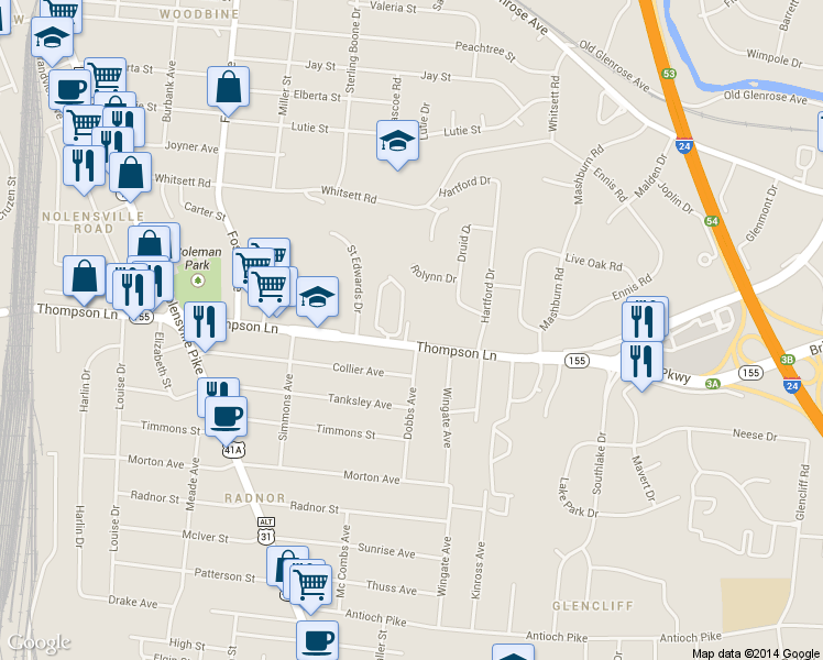 map of restaurants, bars, coffee shops, grocery stores, and more near 106 Prescott Place in Nashville