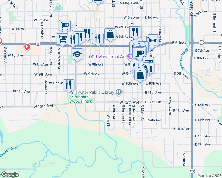 map of restaurants, bars, coffee shops, grocery stores, and more near 423 West 10th Avenue in Stillwater