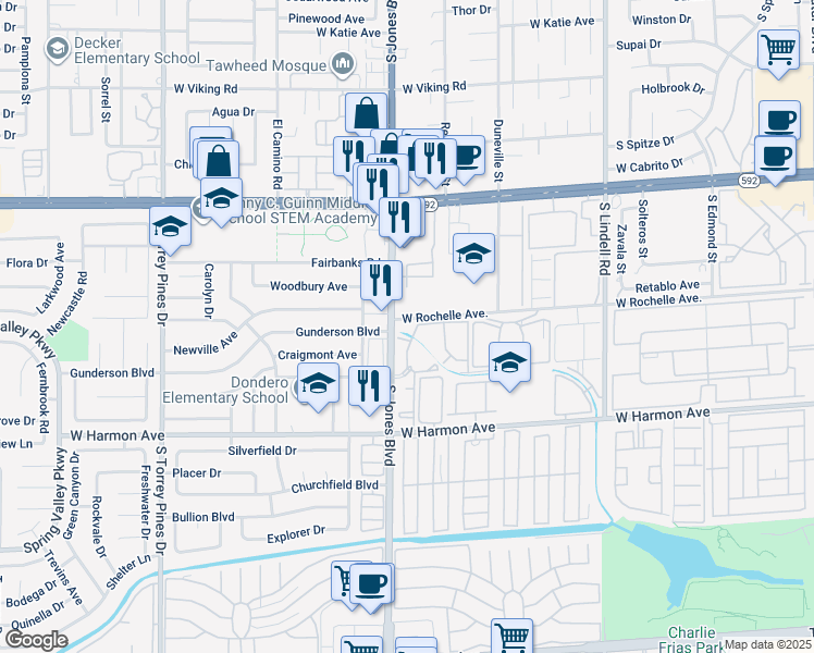 map of restaurants, bars, coffee shops, grocery stores, and more near 4400 South Jones Boulevard in Las Vegas