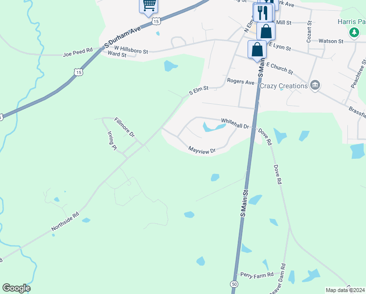 map of restaurants, bars, coffee shops, grocery stores, and more near 453 Mayview Drive in Creedmoor