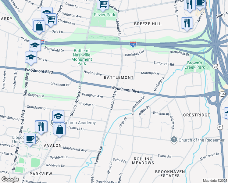 map of restaurants, bars, coffee shops, grocery stores, and more near 1003 Woodmont Boulevard in Nashville