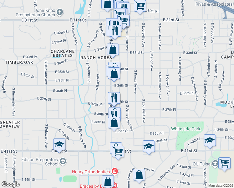 map of restaurants, bars, coffee shops, grocery stores, and more near 3611 South Harvard Avenue in Tulsa